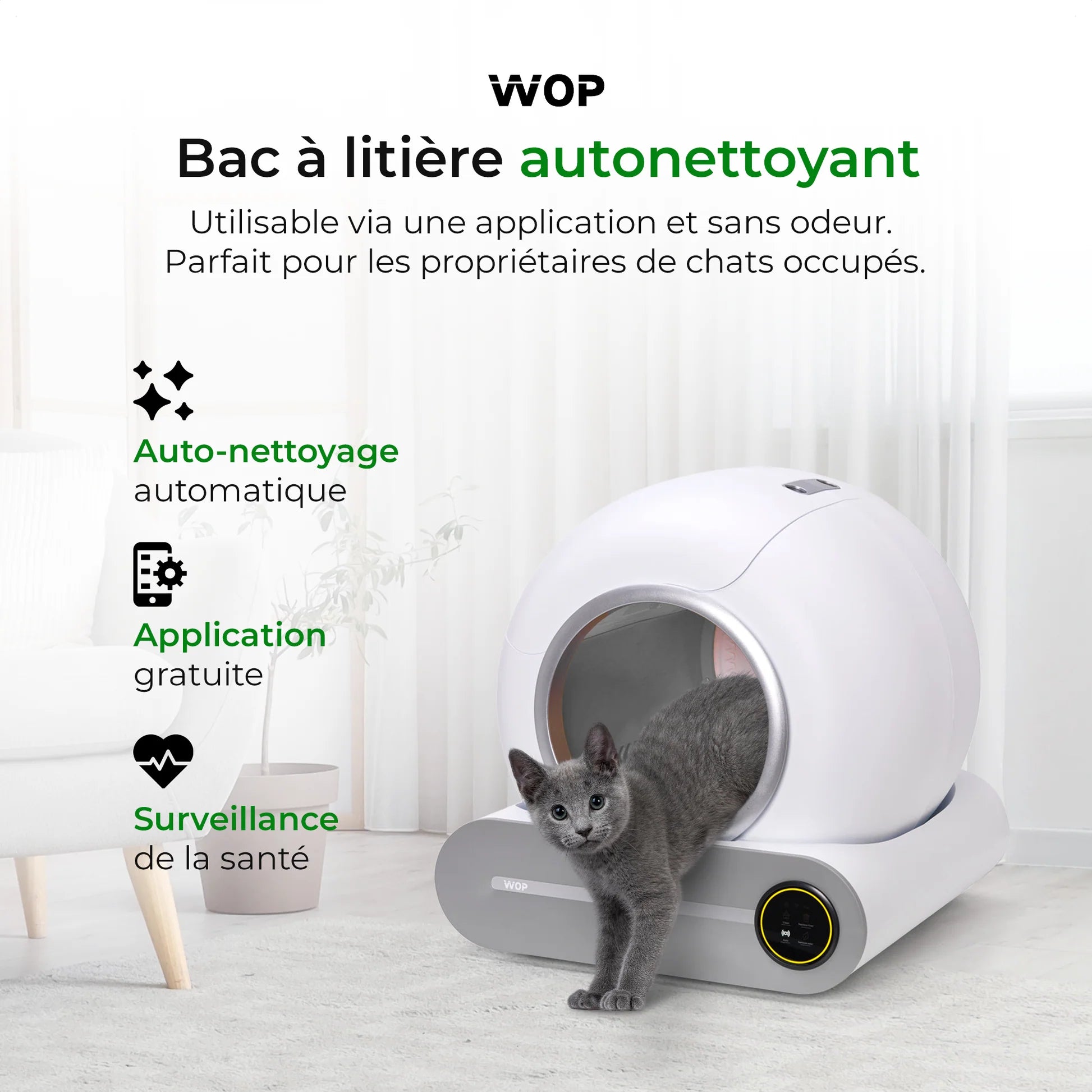 Litière Automatique Connectée pour Chat — 65L, Nettoyage Auto & Contrôle par Application