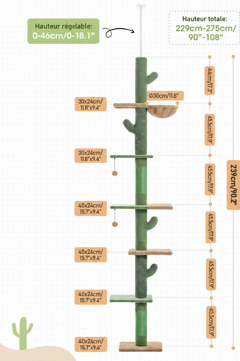 Arbre à Chat Sol-Plafond Style Cactus — 5 Niveaux, Hamac & Griffoir