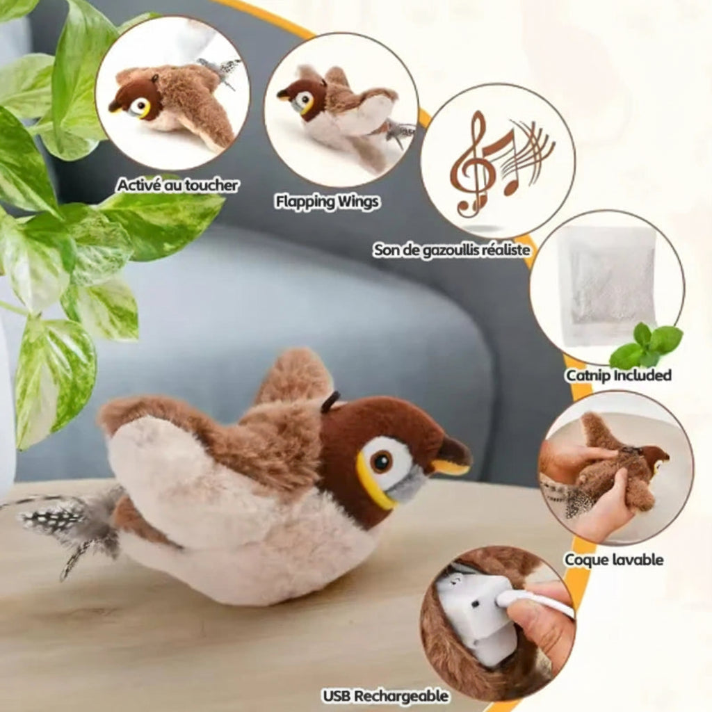 Jouet Oiseau Interactif pour Chat — Chant & Vibration au Toucher
