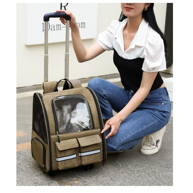 Sac de Transport pour Chat 3-en-1 Kaki - Sac à Dos à Roulettes Pliable - Catounet