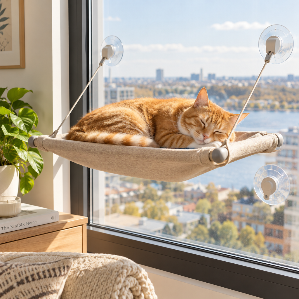 Chat roux qui dort sur son hamac de fenêtre au soleil